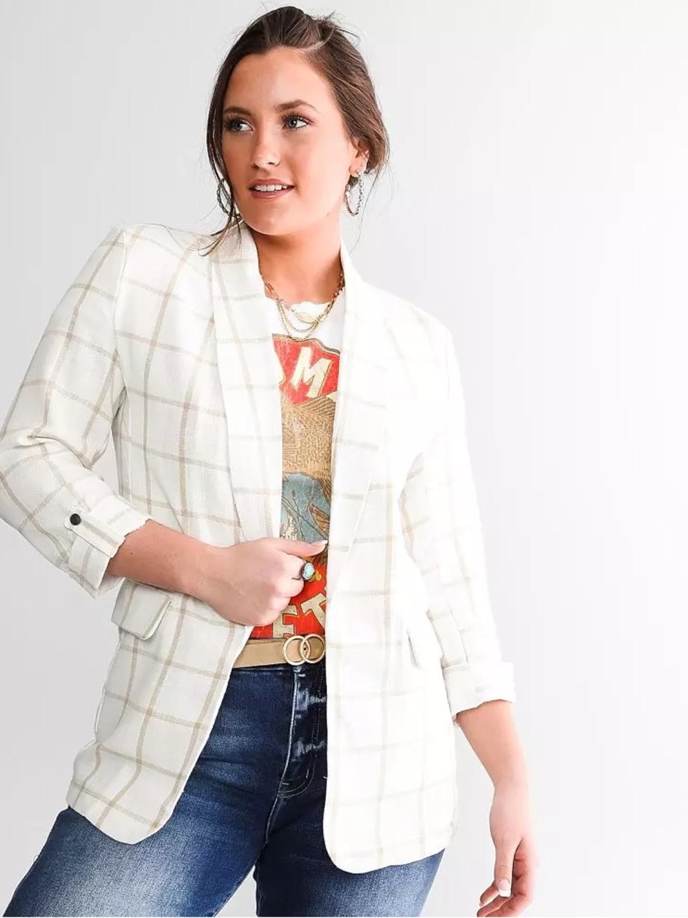 Cream and Tan Plaid Blazer